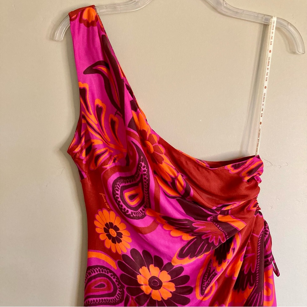 NEW FARM Rio Bold Floral Pink Midi Dress One Shoulder Cut-Out Beaded Tie Size L - Picture 8 of 16